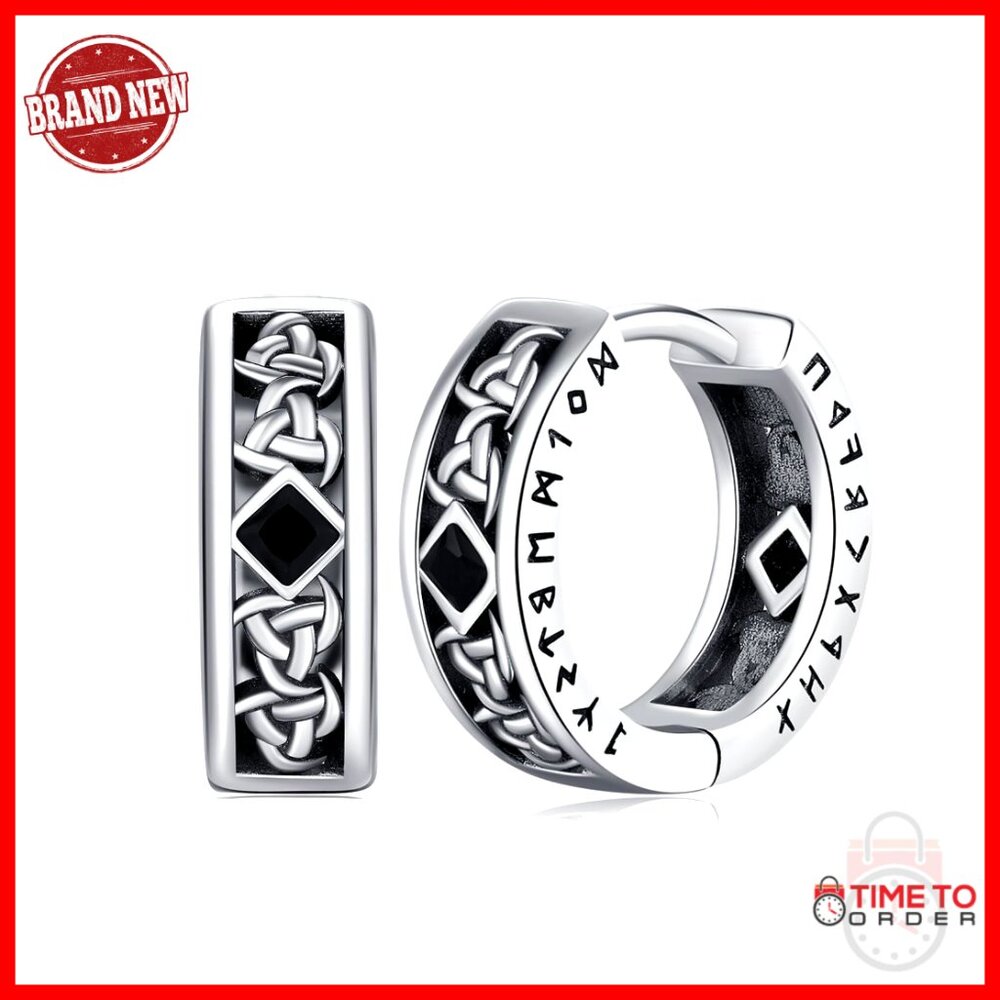 Viking Rune Sterling Silver Huggie Hoop Earrings 13mm Punk Jewelry